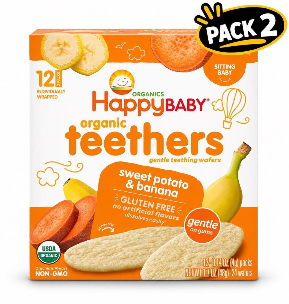 HAPPY BABY Gentle Teething Wafers, Sweet Potato & Banana, 12ct (2 Boxes)